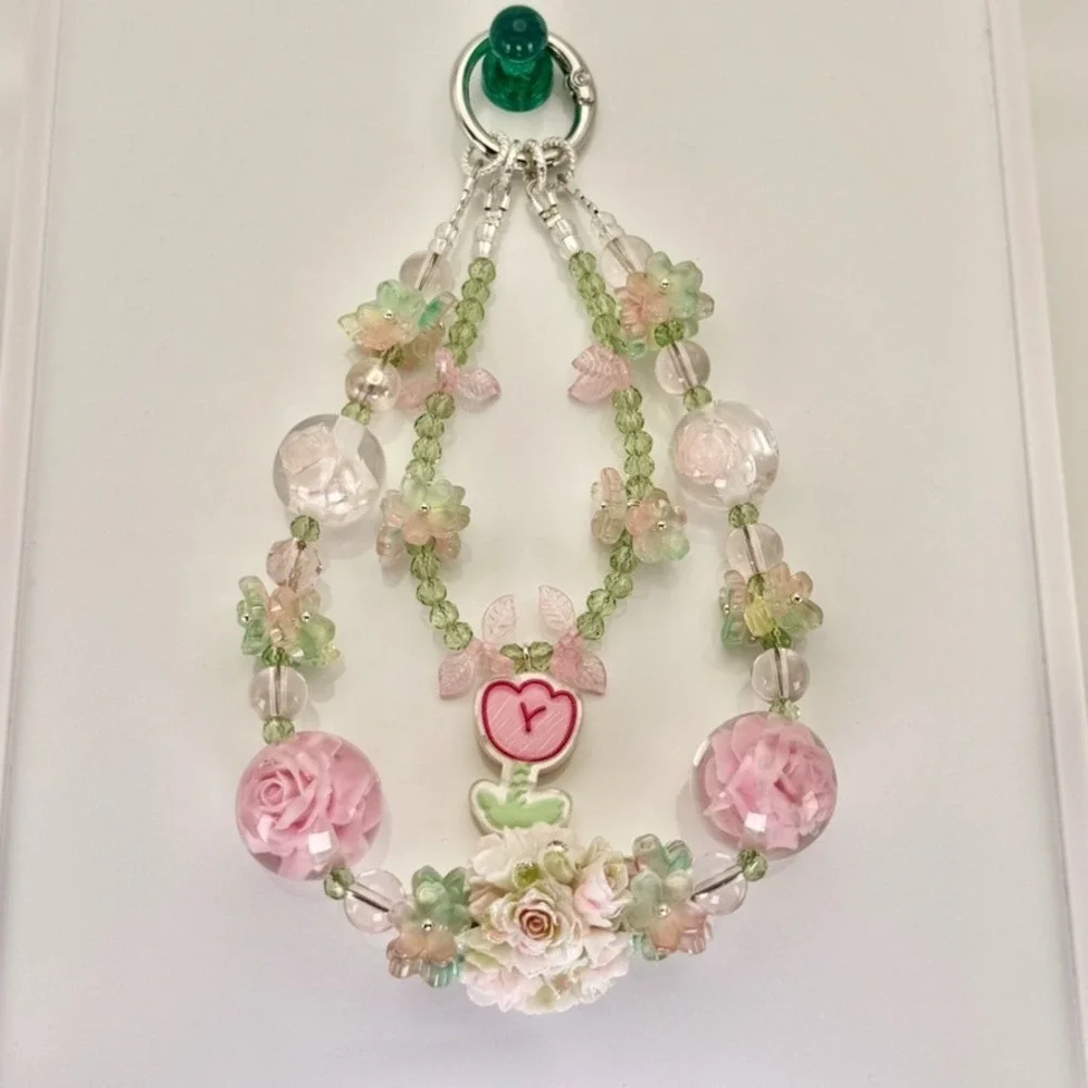 Pink Rose Tulip Phone Wristlet Charm Beaded Floral Crystal Coquette Bag Keychain